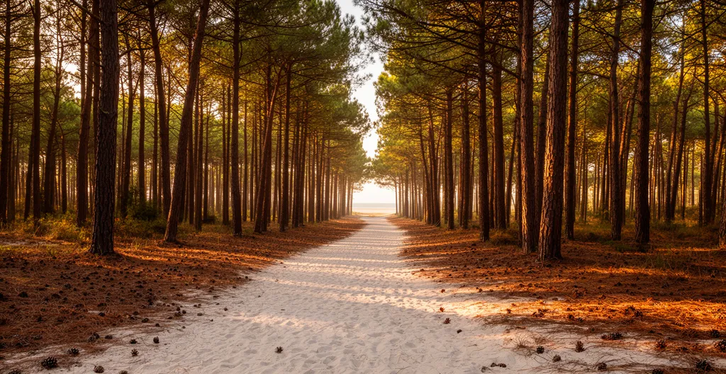 Chemin sablonneux traversant la pinède menant vers une plage du Cap Ferret
