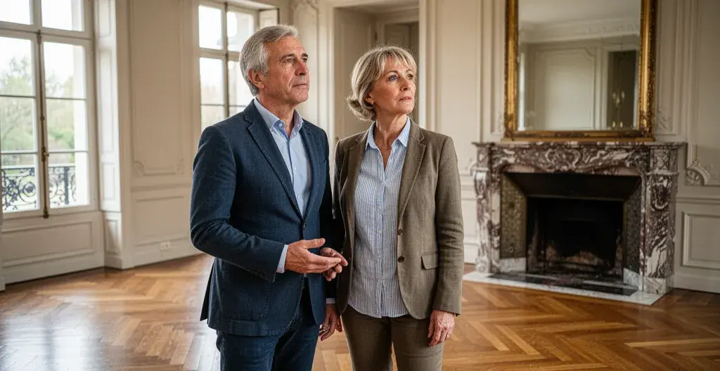 Couple visitant un grand salon lumineux avec parquet et cheminée immobilier prestige Ouest Parisien