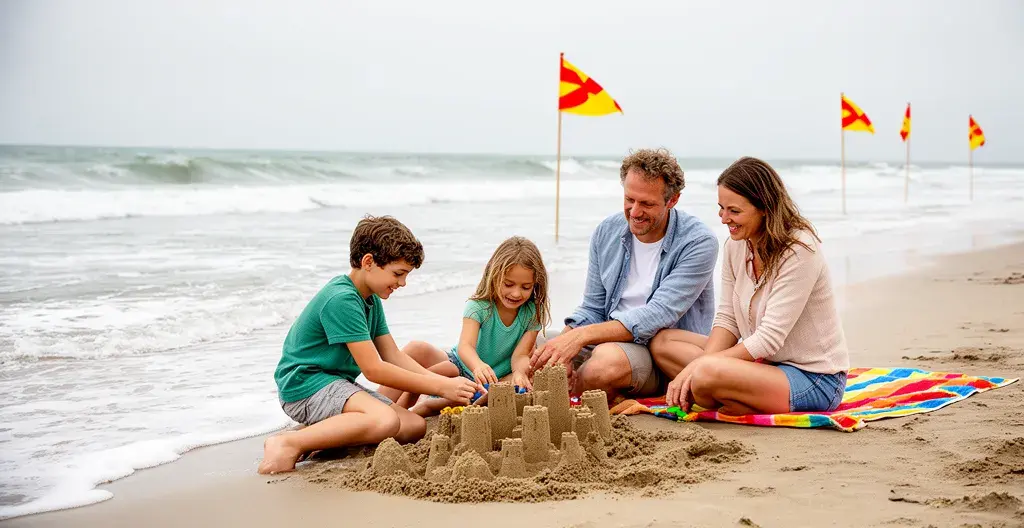 Famille avec enfants sur plage surveillée des Landes