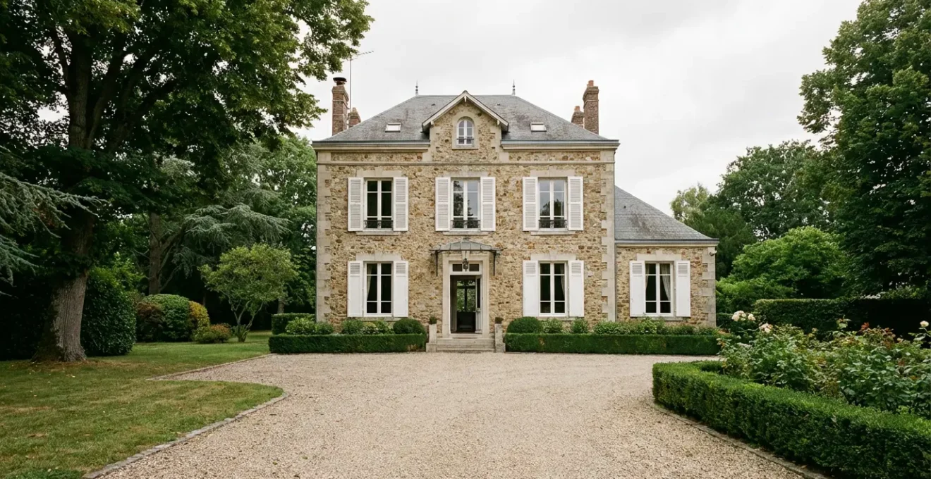 Maison bourgeoise en pierre meulière avec jardin arboré typique de l'Ouest Parisien prestige