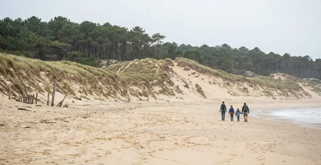 Vue panoramique plage landaise avec dunes et forêt de pins en arrière-plan