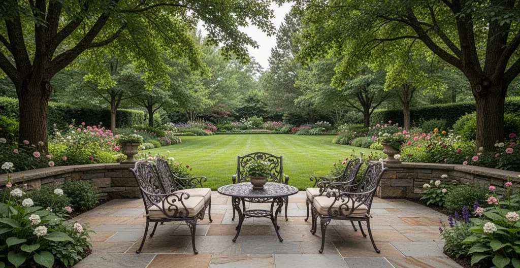 Terrasse avec vue sur jardin paysager propriété prestige Ouest Parisien