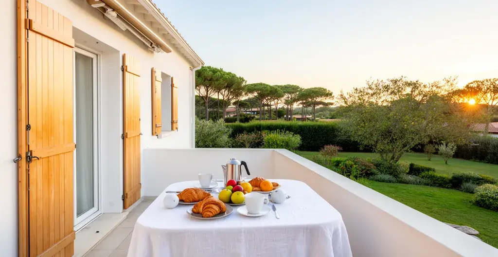 Terrasse de location vacances avec jardin typique landais