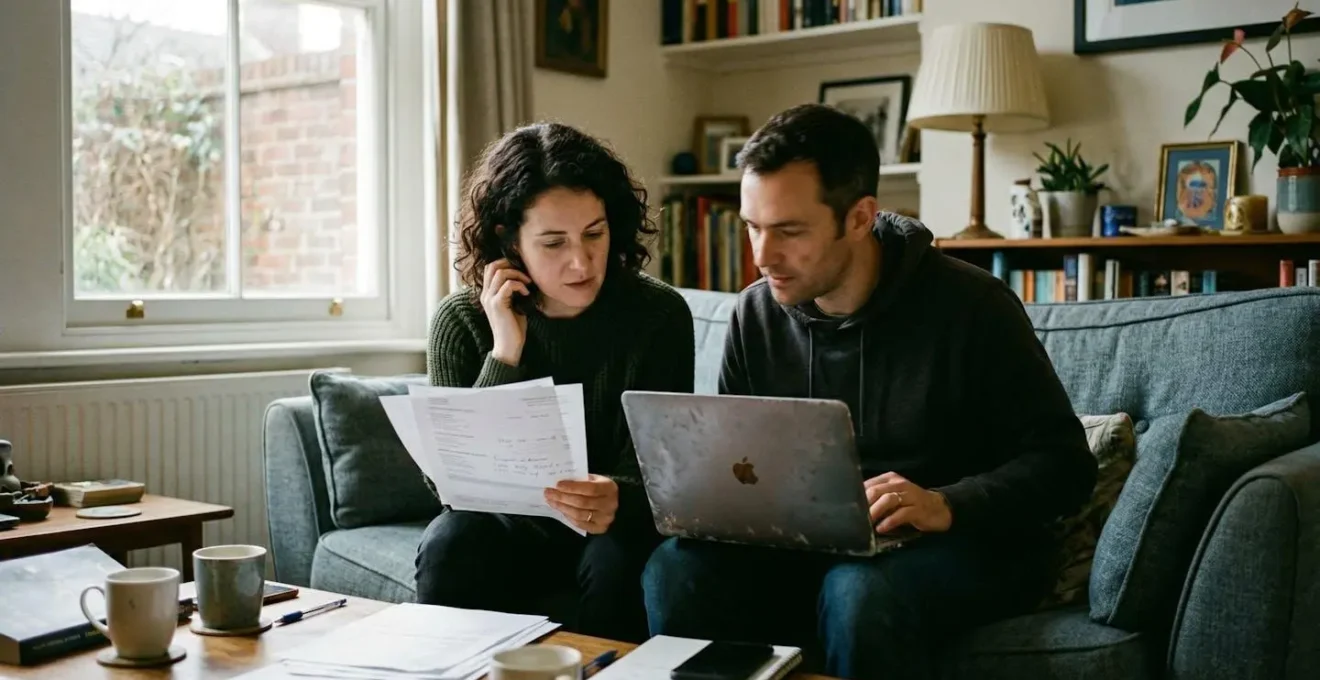 Un couple trentenaire assis sur un canapé consulte des documents financiers avec un ordinateur portable ouvert devant eux, lumière naturelle de fin de journée