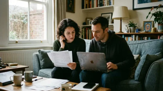 Un couple trentenaire assis sur un canapé consulte des documents financiers avec un ordinateur portable ouvert devant eux, lumière naturelle de fin de journée