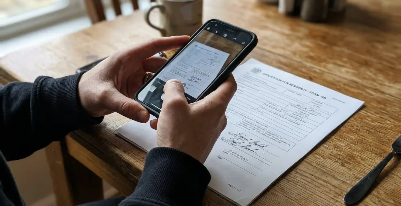 Mains d'une personne tenant un smartphone au-dessus d'une table où est posé un document officiel, arrière-plan flouté d'un intérieur