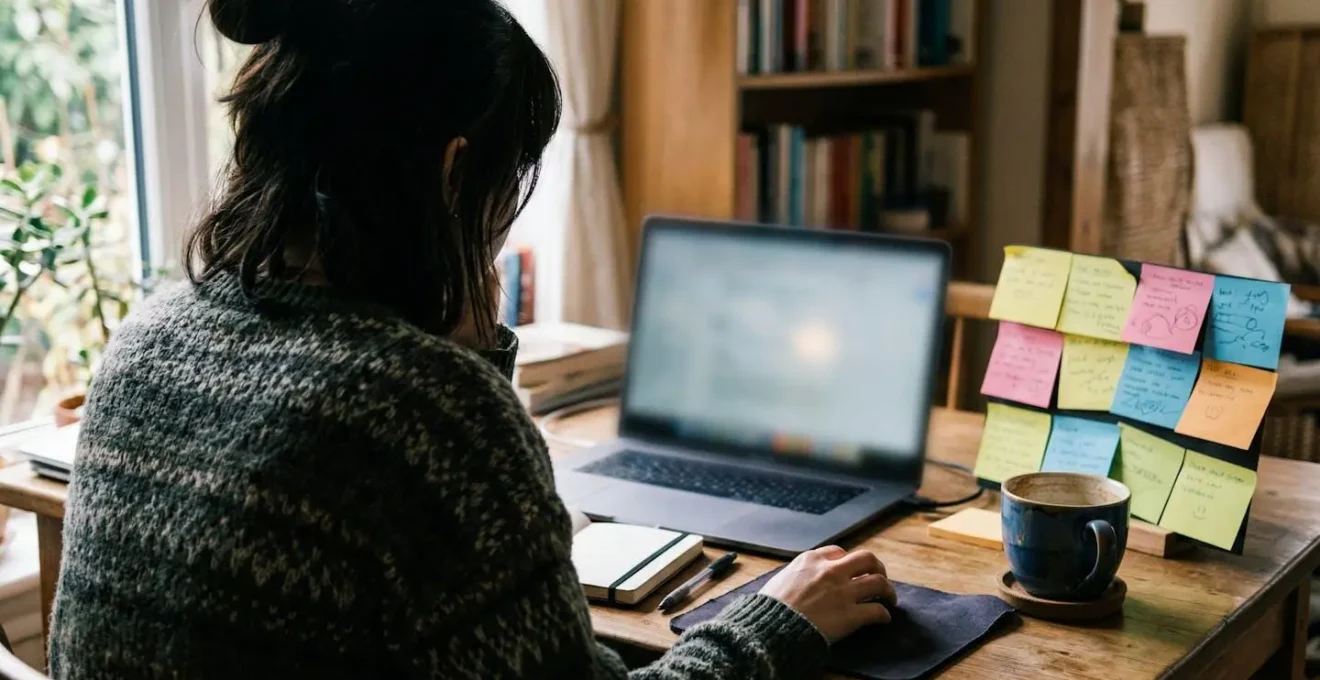 Une personne vue de dos consulte un écran d'ordinateur dans un bureau à domicile, post-it colorés sur le côté, tasse de café visible